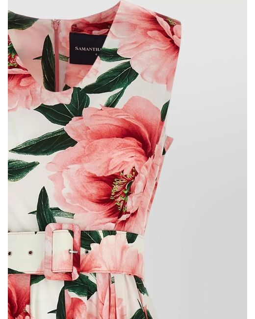Samantha Sung White Abelia Dress Belted Waist Floral Midi