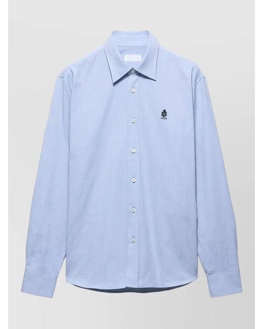 Prada Blue Cotton Shirt Regular Fit Rounded Hem for men