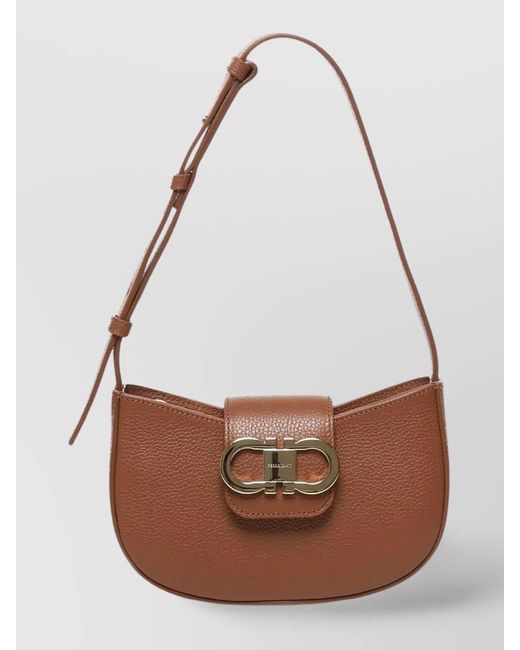 Ferragamo Brown Pebbled Leather Shoulder Bag With Adjustable Strap