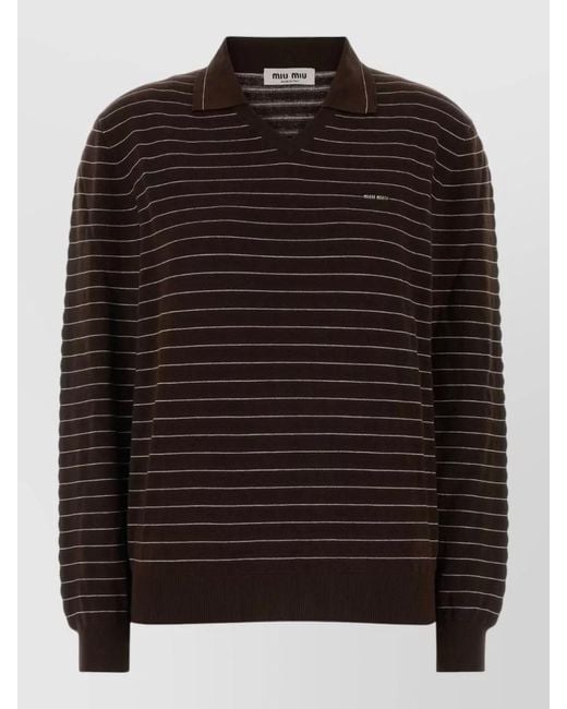 Miu Miu Black Cotton Polo Shirt V Neck Stripes
