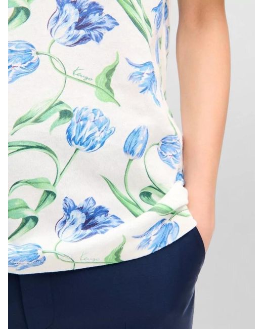 KENZO Blue Tulip Print Cotton Crew Neck T Shirt for men