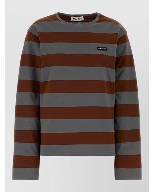 Miu Miu Brown Cotton Oversized T Shirt Long Sleeves Striped