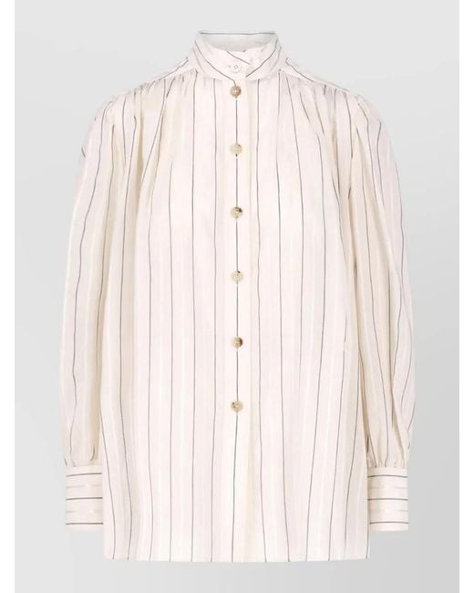 Chloé Natural High Neck Striped Long Sleeve Pleated Top