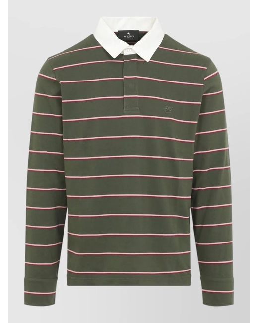 Etro Green Long Sleeve Striped Polo Shirt Collar for men