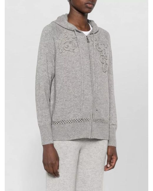 ERMANNO FIRENZE Gray Cashmere-Blend Floral-Embroidered Pointelle-Knit Hoodie