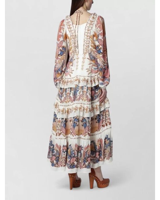 Farm Rio White Floral Tiered Dress Sheer Long Sleeves