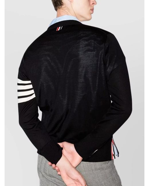 Thom Browne Black V-Neck Cardigan Merino Wool Stripe Detail for men