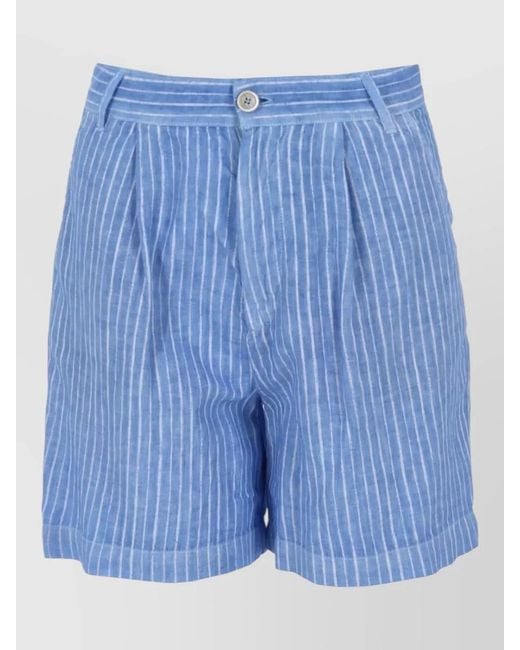 120% Lino Blue Striped Bermuda Shorts Pleated Front Belt Loops
