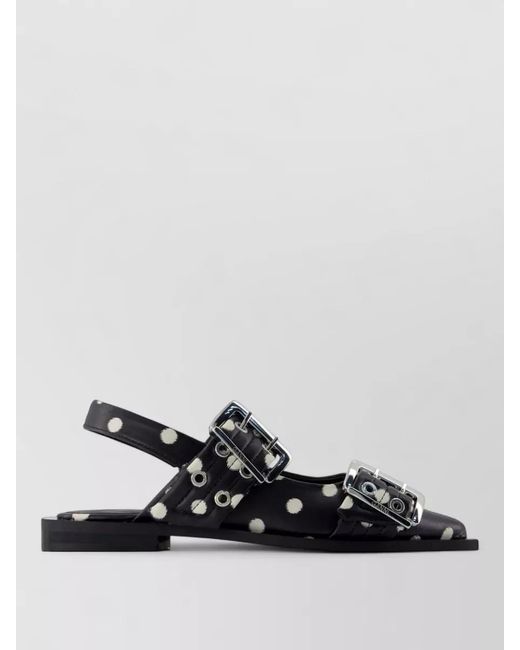 Ganni Black Buckle Slingback Polka Dot Leather Ballerinas
