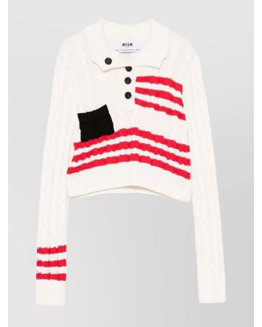 MSGM Red Crew Neck Cotton Sweater With Button Detailing