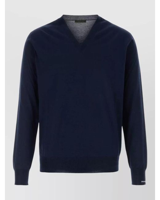 Prada Blue Cotton Slim-Fit V-Neck Sweater for men