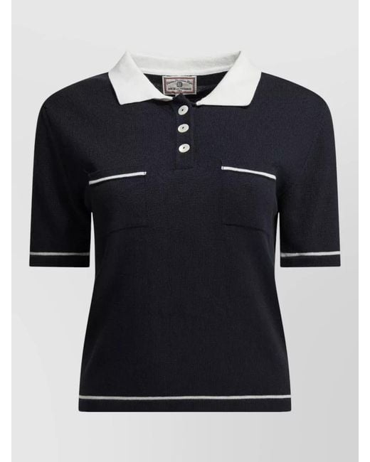 Ines De La Fressange Paris Black Knit Top Chest Pockets Contrasting Collar