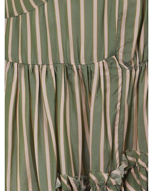 Dries Van Noten Green Striped Satin Asymmetric Ruffled V-Neck Tank Top