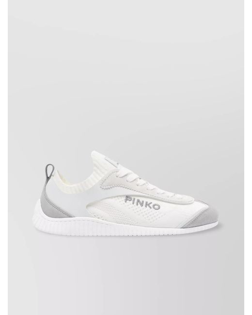 Pinko White Knit And Leather Low-Top Sneakers