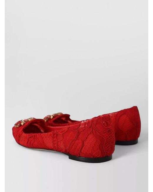 Dolce & Gabbana Red Leather Lace Crystal Embellished Ballerina Flats