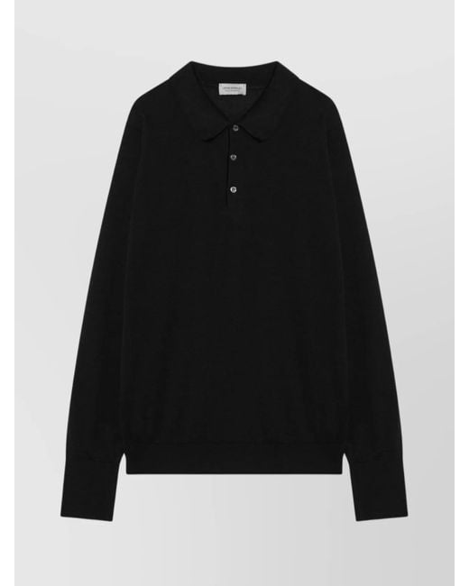 John Smedley Black Cotton Polo Shirt With Ribbed Cuffs And Hem for men