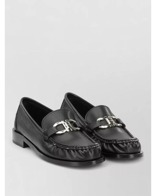 Ferragamo Black Maryan Leather Loafers Metallic Buckle