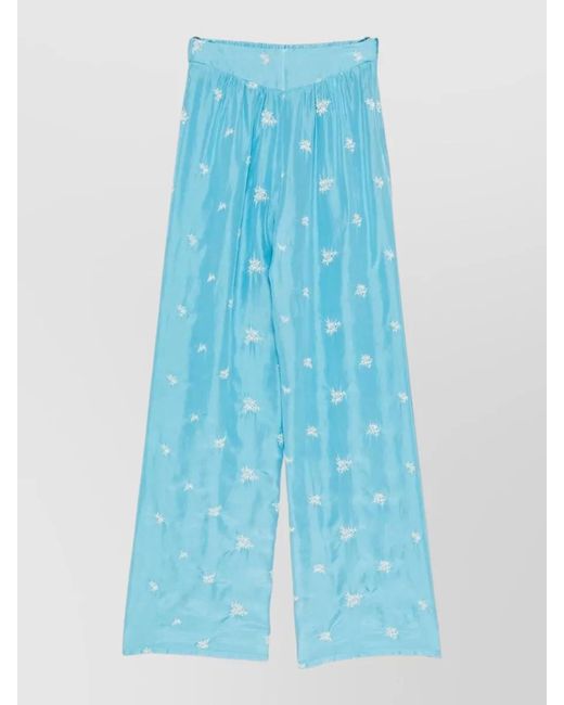 Forte_forte Blue Silk Trousers Floral Embroidery Wide Leg