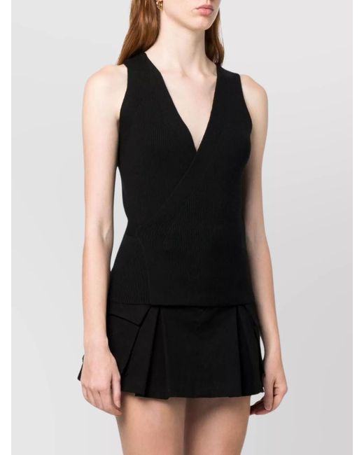 Patou Black Merino Wool Ribbed Wrap V-Neck Sleeveless Top