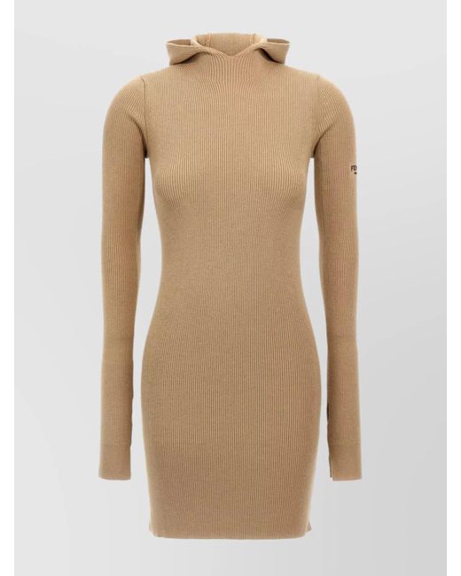 Fendi Natural Hooded Dress With Fitted Silhouette And Ribbed Texture