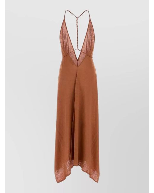 Alanui Brown Linen Dress Deep V-Neck Open Back