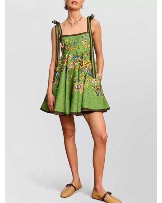ALÉMAIS Green Linen Floral-Print Mini Sundress