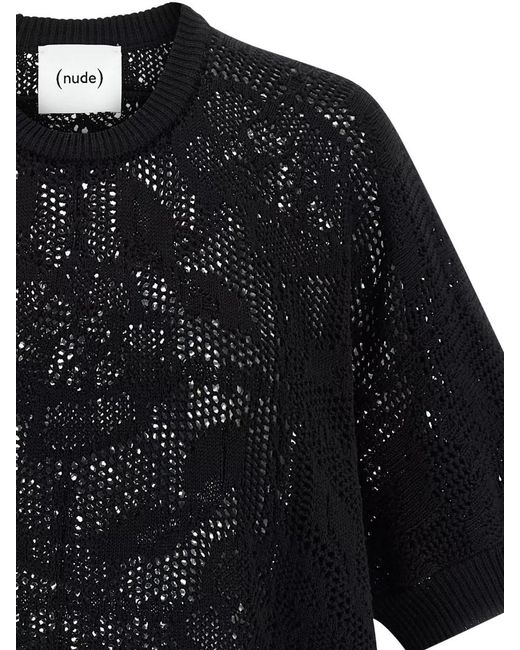 Nude Black Cotton Sweater Crew Neck Lace Pattern