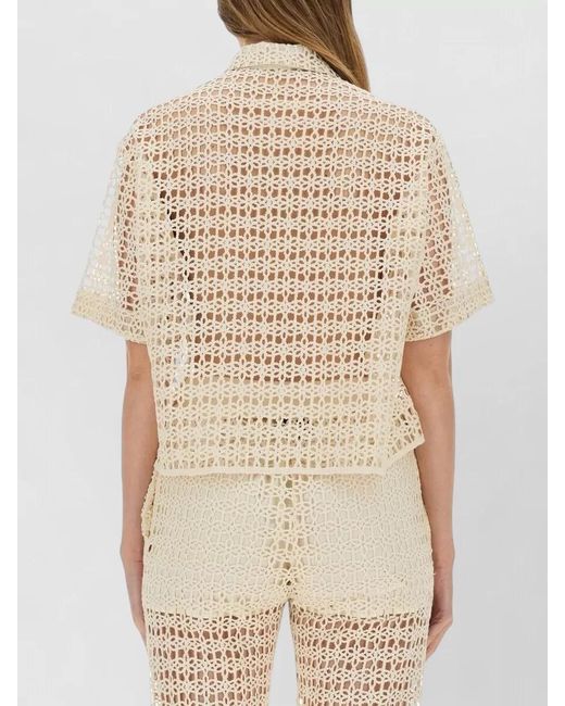 Alysi Natural Crochet Shirt Cropped Sheer Short Sleeves Collar