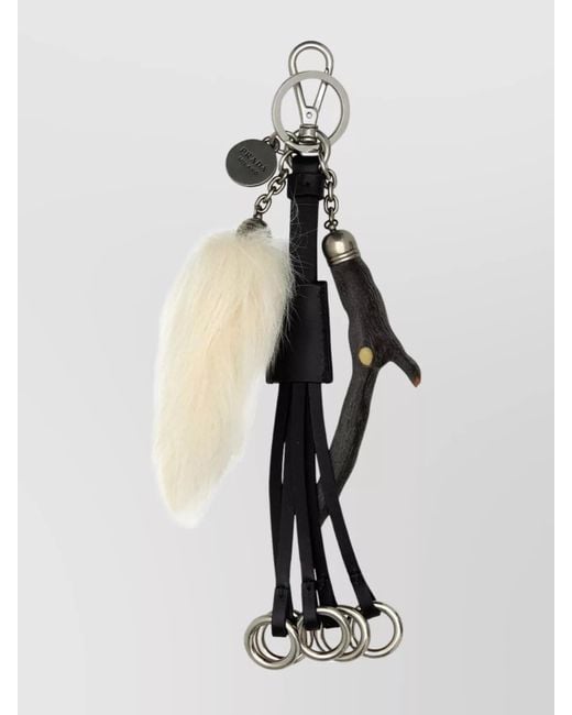 Prada White Leather Key Ring Featuring Charm Pendant