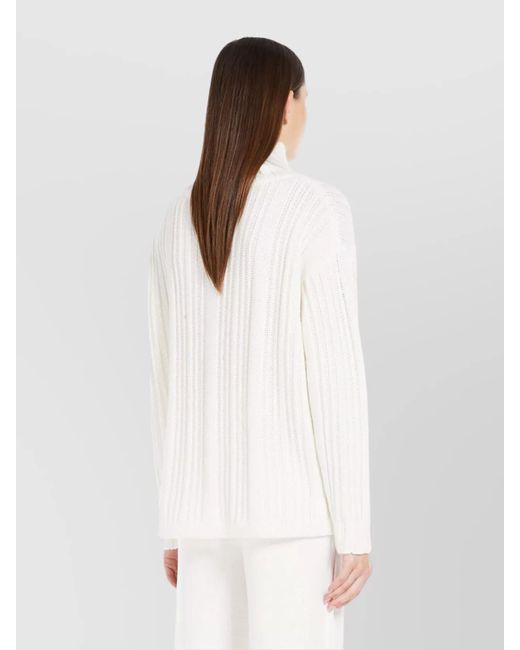 Max Mara White Cashmere Wool Oversized Ribbed Turtleneck Sweater