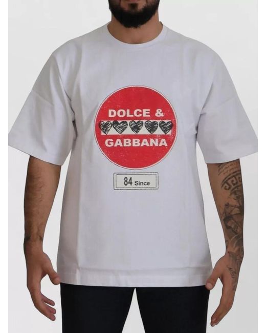 Dolce & Gabbana White Cotton Heart Amor Statement Crewneck T-Shirt for men