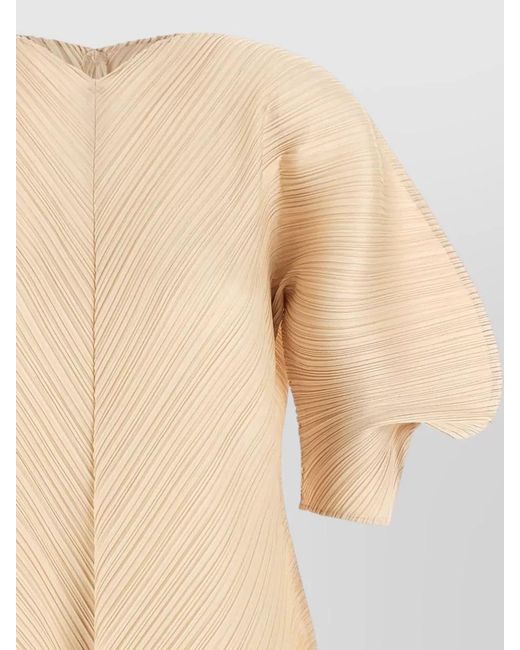 Pleats Please Issey Miyake Natural Midi Dress Puff Sleeves Textured Design