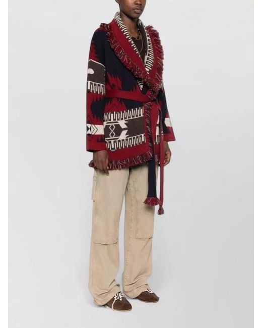 Alanui Red Cashmere Jacquard Fringe Belted Cardigan