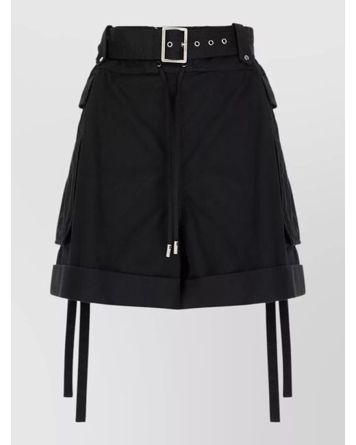 McQueen Black Cotton Bermuda Shorts Belted Waist Rolled Hem