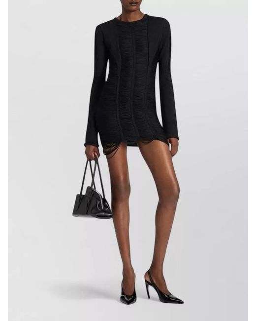 The Attico Black Fringed Asymmetric Long-Sleeve Mini Dress