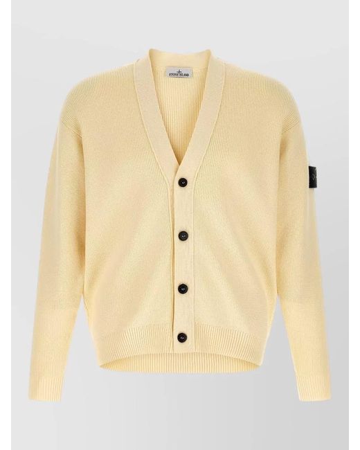 Stone Island Natural Ribbed V Neck Long Sleeve Cardigan for men