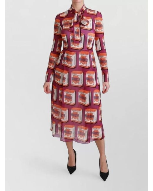 Dolce & Gabbana Red Silk Printed Tie-Neck Long-Sleeve Midi Dress