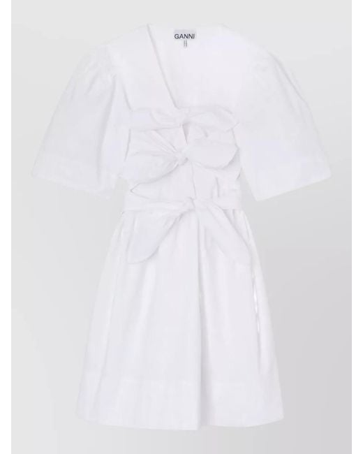 Ganni White Organic Cotton Knot-Detail V-Neck Short-Sleeve Mini Dress