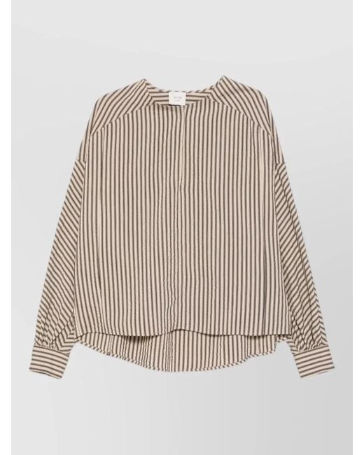 Alysi Natural Striped Blouse Long Sleeves Curved Hem Neckline