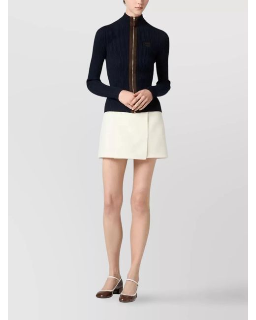 Miu Miu Blue Cashmere Ribbed-Knit High-Neck Long-Sleeve Jumper