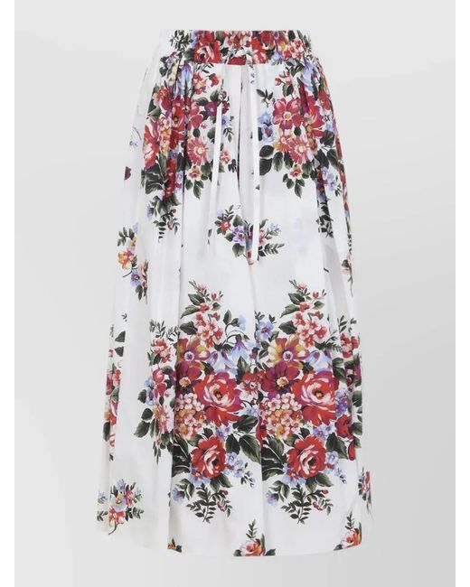 Dolce & Gabbana White Cotton Floral-Print Pleated Midi Skirt