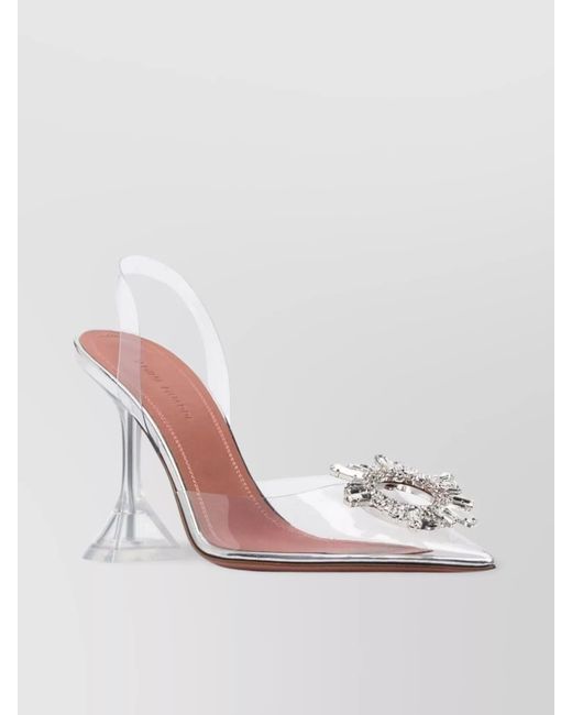 AMINA MUADDI White Sculpted Heel Slingback Pumps With Crystal Embellishment