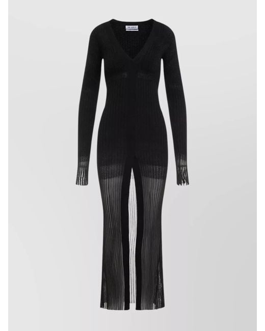 The Attico Black Ribbed V-Neck Lace-Trim Midi Dress