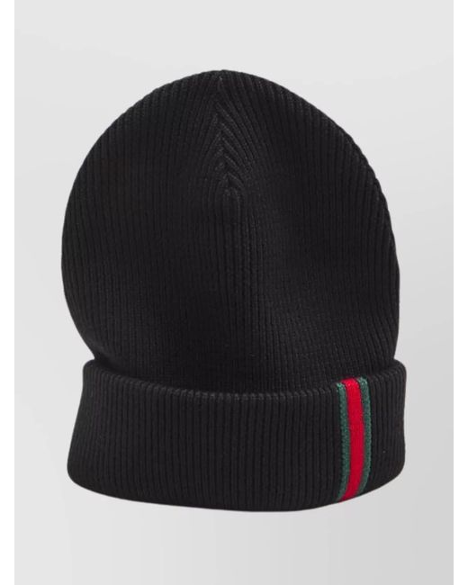 Gucci Black Ribbed Knit Beanie Featuring Web Motif for men