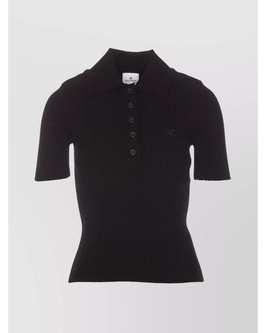 Courreges Black Ribbed Knit Short Sleeve Polo Top