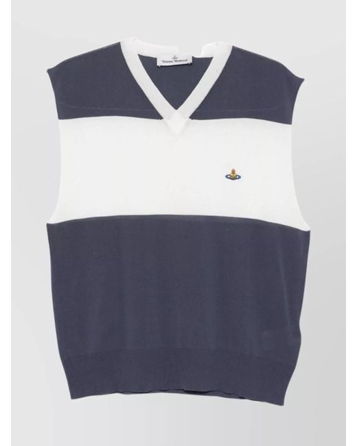 Vivienne Westwood Blue Striped Cotton V-Neck Sleeveless Vest for men