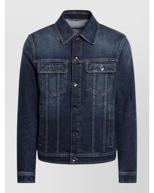 Dolce & Gabbana Blue Straight Coat Collar Chest Pockets Long Sleeves for men