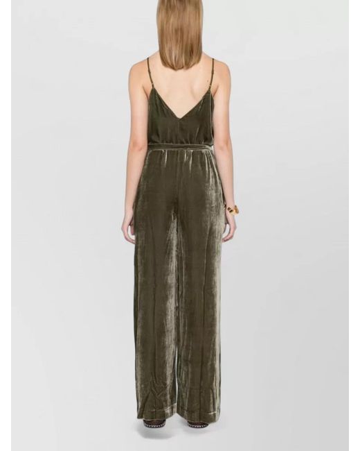 Gold Hawk Green Silk Velvet V-Neck Sleeveless Belted Wide-Leg Jumpsuit