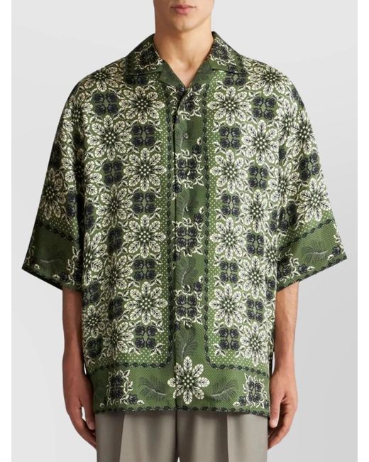 Etro Green Floral-Print Silk Short-Sleeve Shirt for men