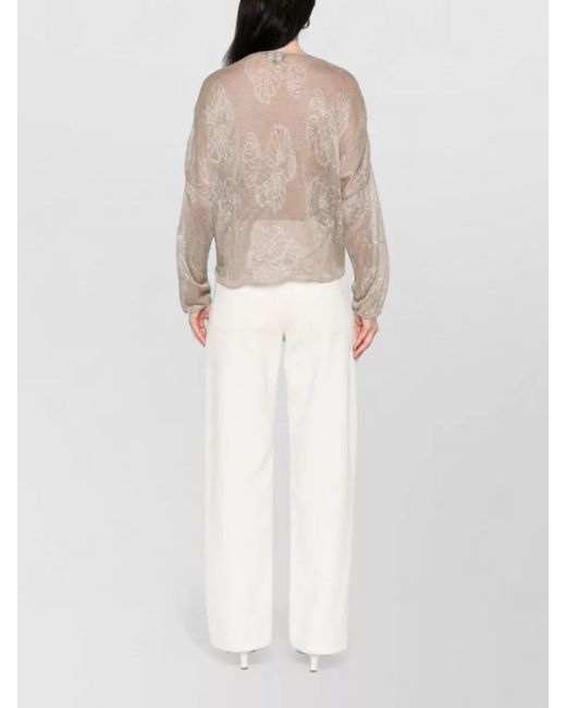 Emporio Armani Natural Crewneck Sweater Floral Motif Sheer Knit
